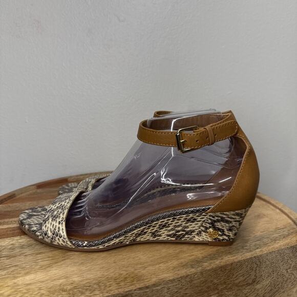 Tory Burch Snakeskin Savannah Wedge Sandal Ankle Strap‎ Sz. 9 Gold Logo Hardware - Picture 4 of 15